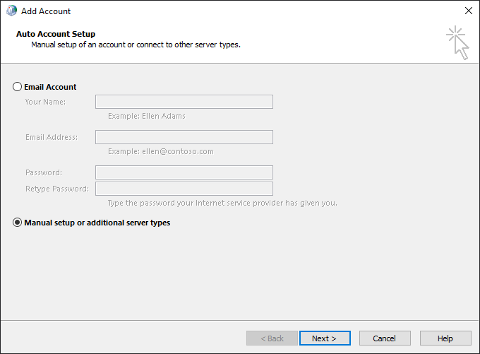 Select Manual setup or additional server types, click Next