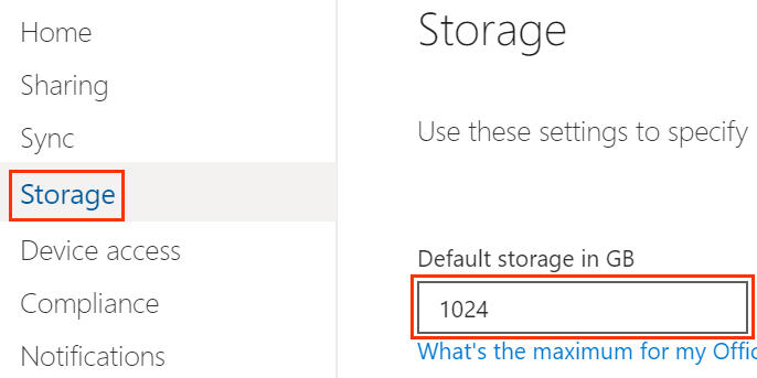 OneDrive admin center with storage panel and default storage box