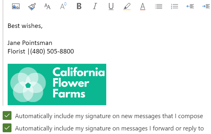 email signature draft showing boxes checked to automatically include signature