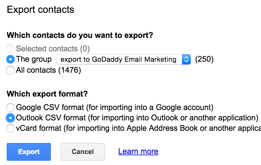 Gmail contacts export options.