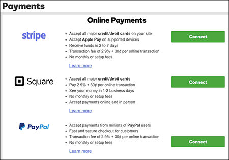 Select Connect next to payment method