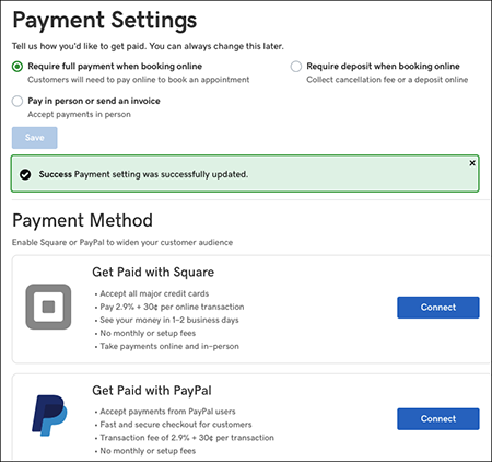 Payment settings window