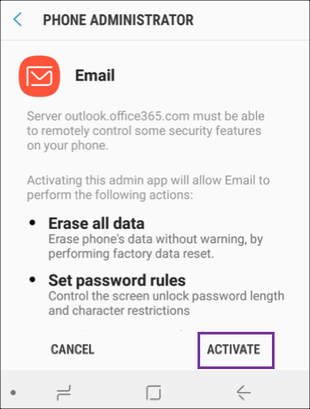 Tap Activate to add Phone Admin app