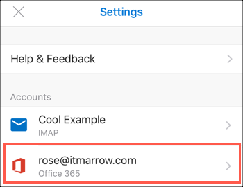 New Office 365 email account displays in Settings