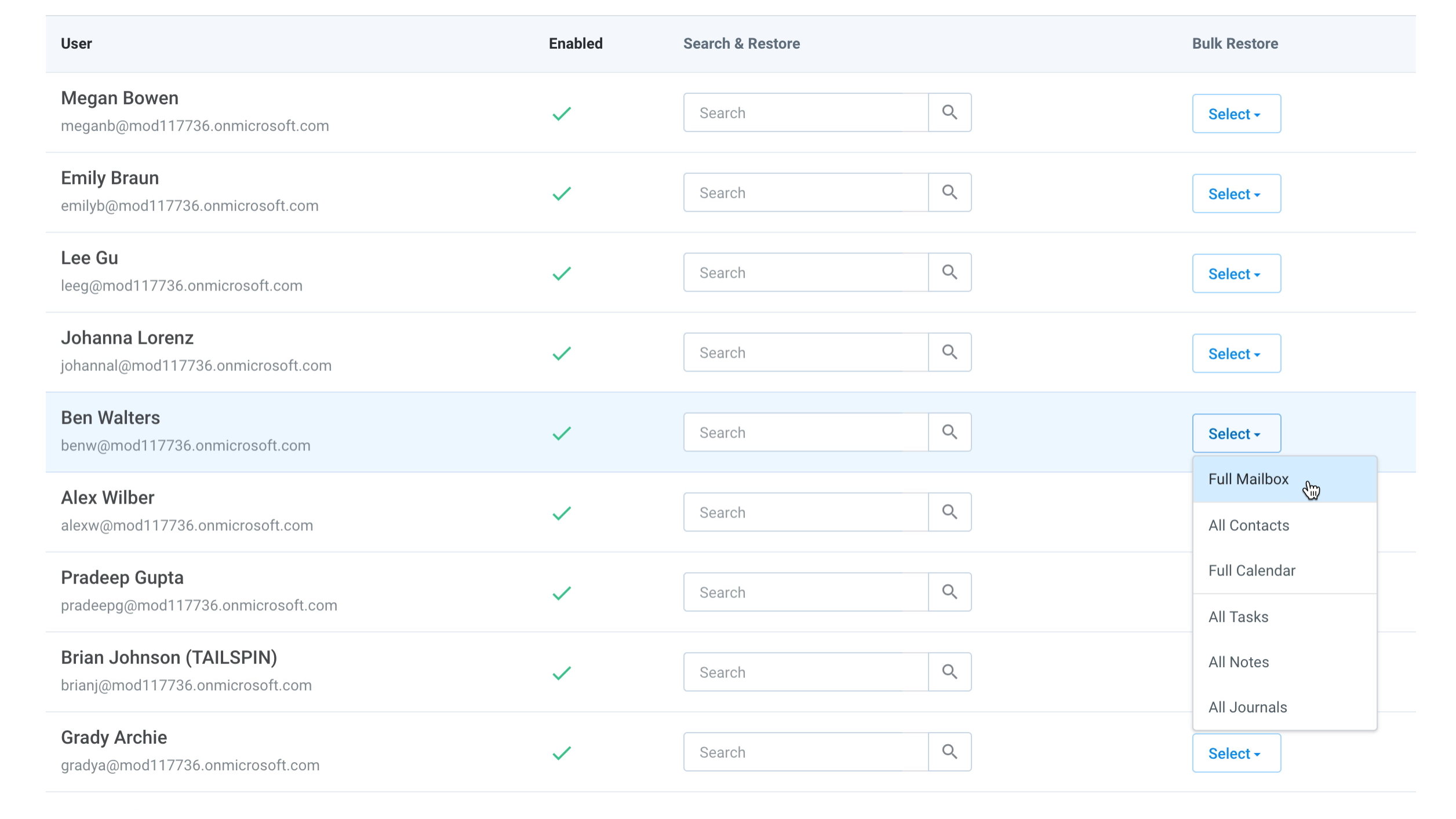 The Backup Dashboard for bulk restore