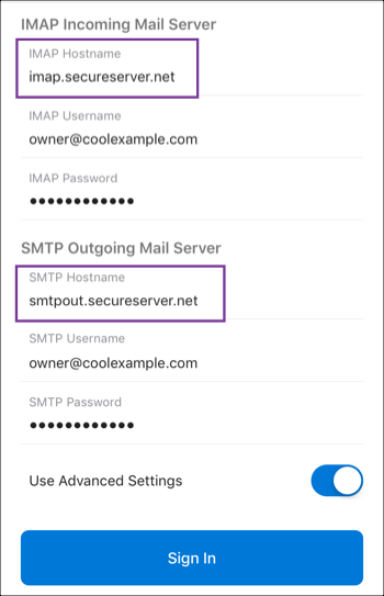 Enter IMAP and SMTP server info