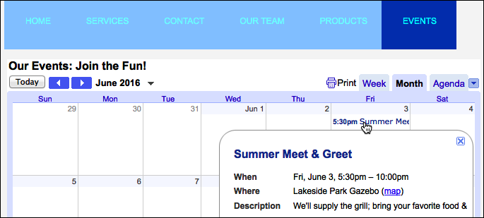 Your Google Calendar displays in Website Builder