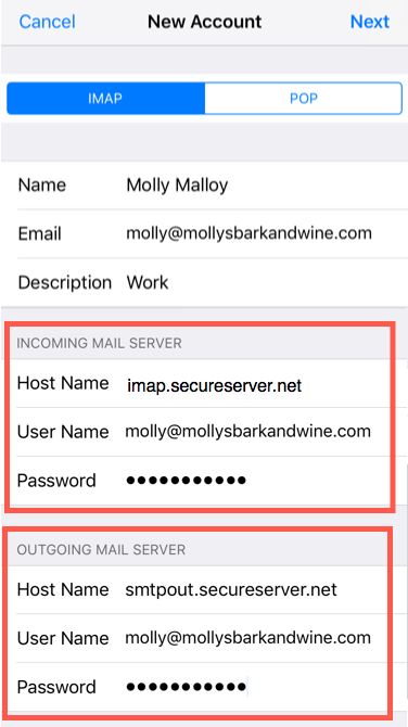 Enter email account server details
