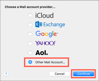 Select Other Mail Account, click Continue
