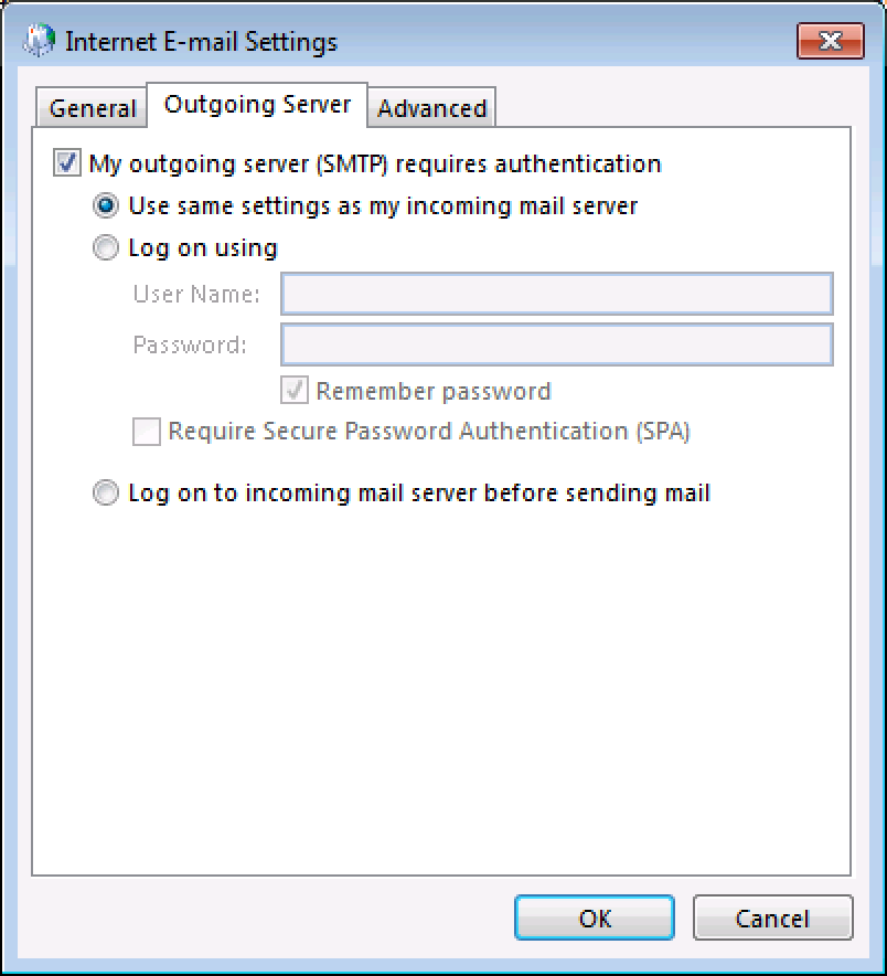Outgoing Server tab: Select My outgoing server requires authentication, and Use same settings
