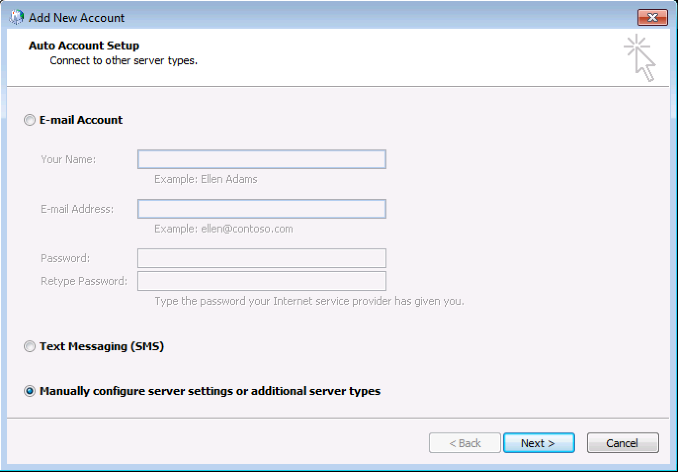 Select Manually configure server settings or additional server types, click Next