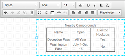 Double-clicking the table displays the text box editor.